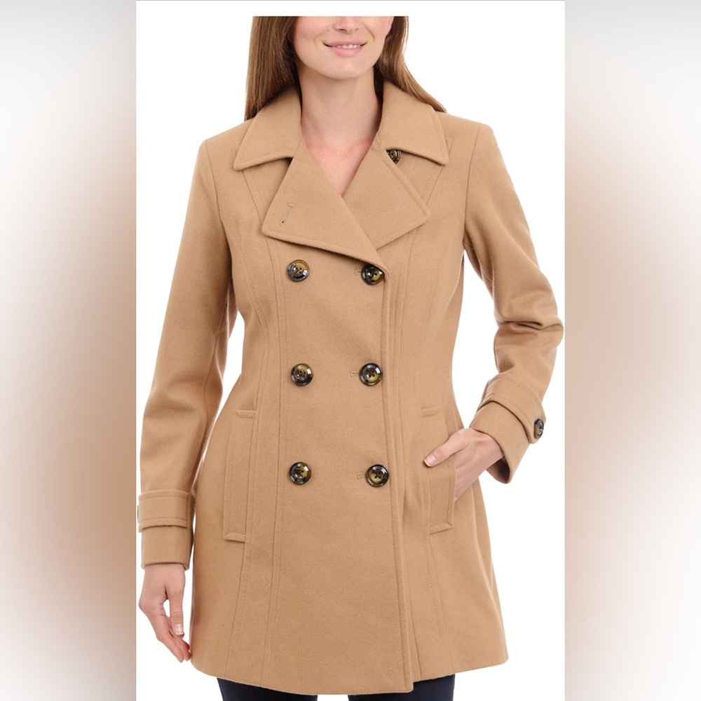 Anne Klein Women’s Classic Double Breasted Wool Pea Coat Size Medium Camel Brown